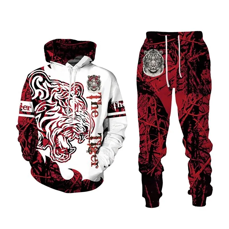 New Men's animal ferocious tiger Sweatshirt 3D Printed Men Sportswear pants Two-piece set Autumn fashion Men clothing set