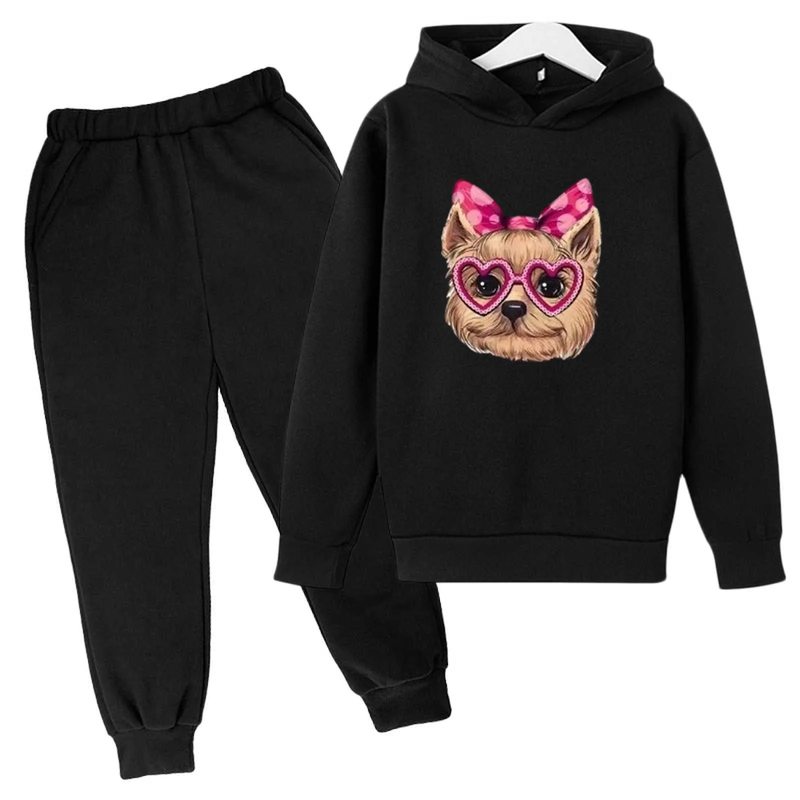 

Children's Hoodie Set Outdoor Hooded Sweatshirt Pink Love Dog Print 4T-14T