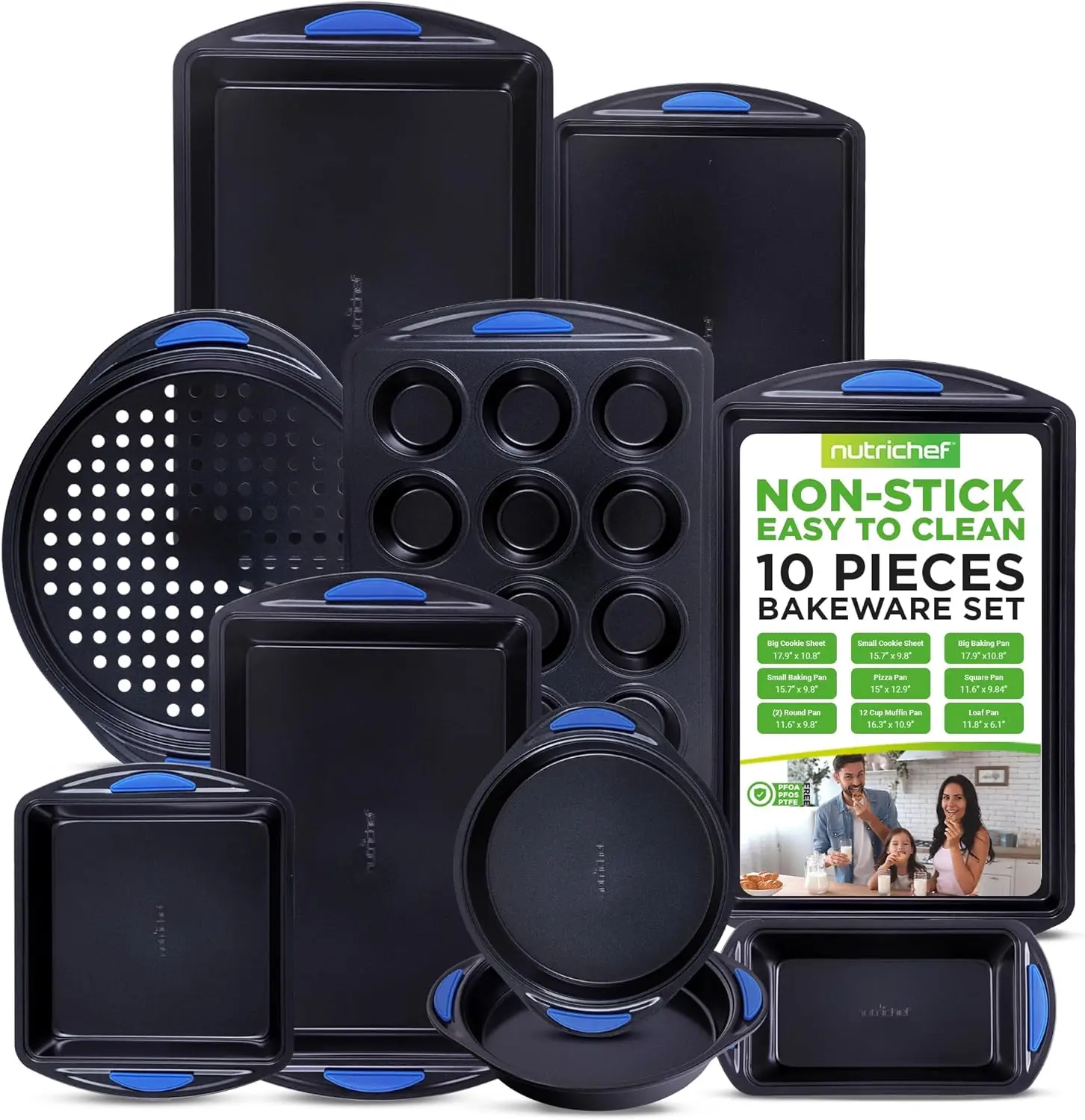 

10-Piece Nonstick Bakeware Set - Carbon Steel Baking Trays with Silicone Handles, Includes Cookie Sheets, Muffin Pan & More