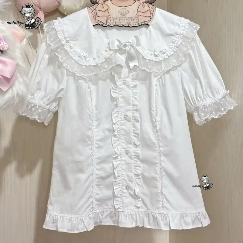 Kawaii Ruffles Blouses Spring Summer Japanese Puff Sleeve Fashion Women Shirts Retro Sweet Peter Pan Collar Harajuku Cute Tops view 5