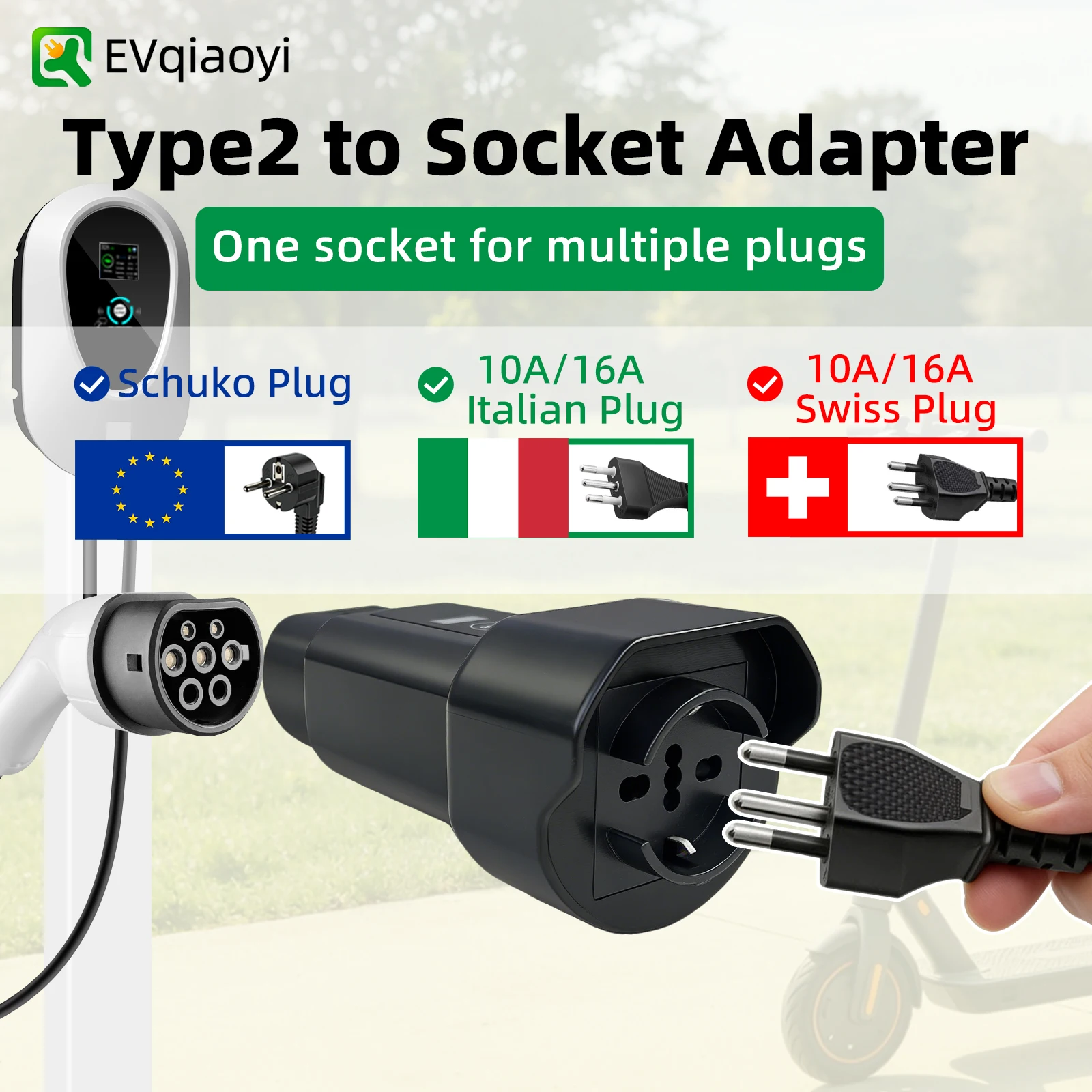 

EVqiaoyi Type2 to Schuko Adapter with Power Off Button Draw Power from Type 2 Charging Stations 220V Connector Charging Scooters