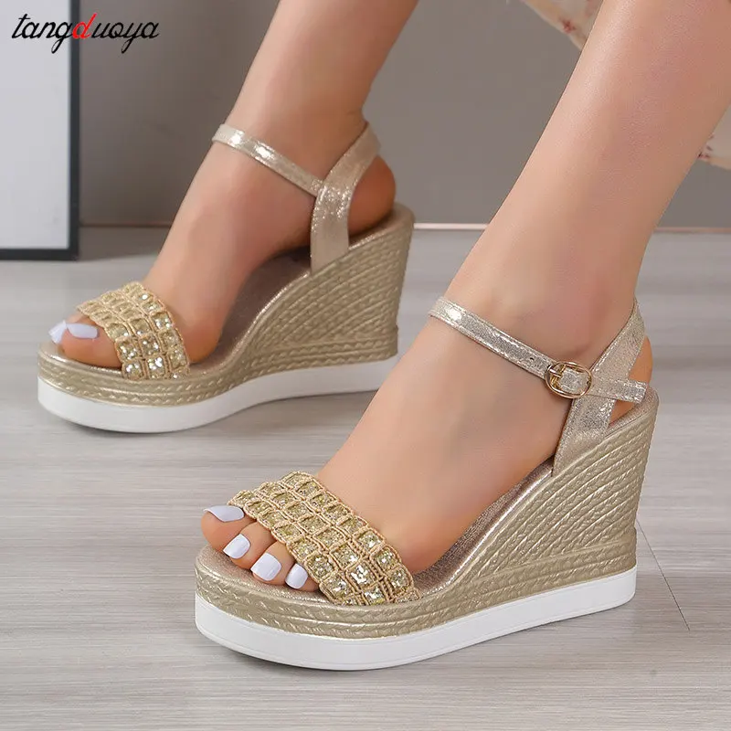 gold silver Wedges High Heels Sandals for Women Summer Buckle Strap Platform Sandalias Mujeres Thick Bottom Beach Shoes Woman