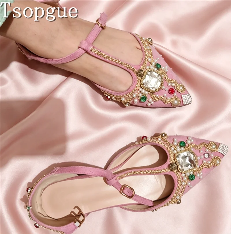 

Vintage Baroque Rhinestones Bead Mary Jane Pumps for Women Pointed Toe T-Strap Low Block Heel Bridal Party Dress Shoes