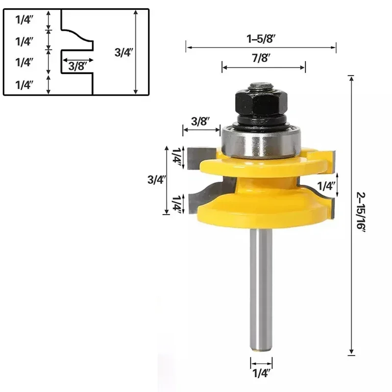 1/4" 2pcs Rail and Stile Router Bit Set Door Window Woodworking Knife Tenon Cutter for Wood Milling Machine Tools