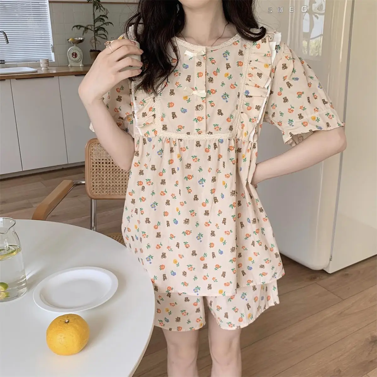 Cartoon Bear Floral Print Summer Pajamas Set Women O-Neck Short Sleeve Cotton Shirts + Shorts Sleepwear Sweet Korean Home Suit