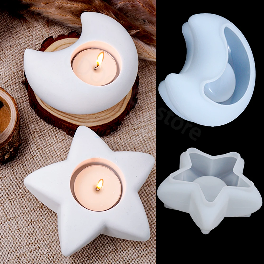 3D Candlestick Concrete Silicone Mold Star Moon Heart Shape Candle Holder Ornaments Cement Plaster Resin Craft Mould Home Decor