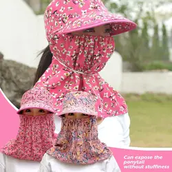 Women Anti-UV Sun Hat Beach Foldable Sunscreen Floral Print Caps Neck Face Care Wide Brim Hat New Summer Outdoor Riding