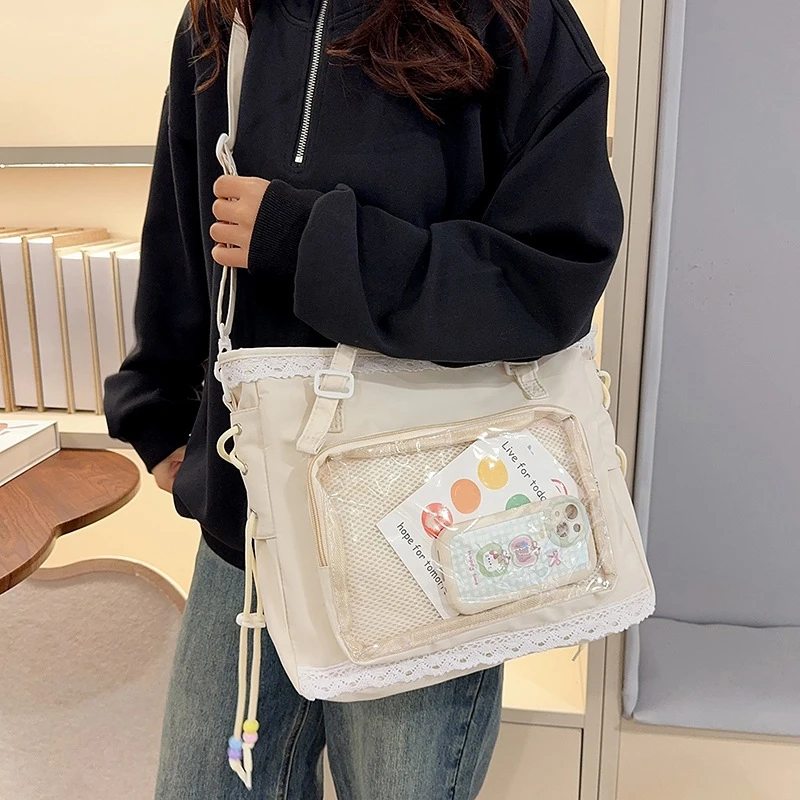 Lace Trim Girl Large Capacity Itabag Japanese Style Shoulder Crossbody Bag Women Student Handbag Casual Messenger Bag Totes