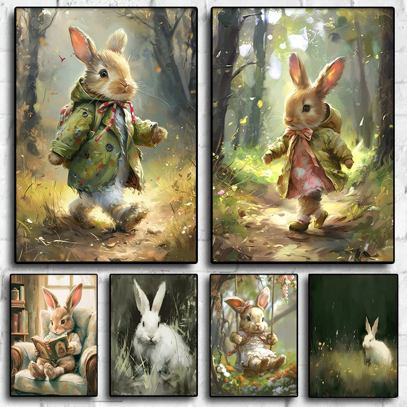 Easter Cute Bunny Reading A Book Poster Print Vintage Spring Rabbit Canvas  Antique Wall Art Nursery Kids Room Decor