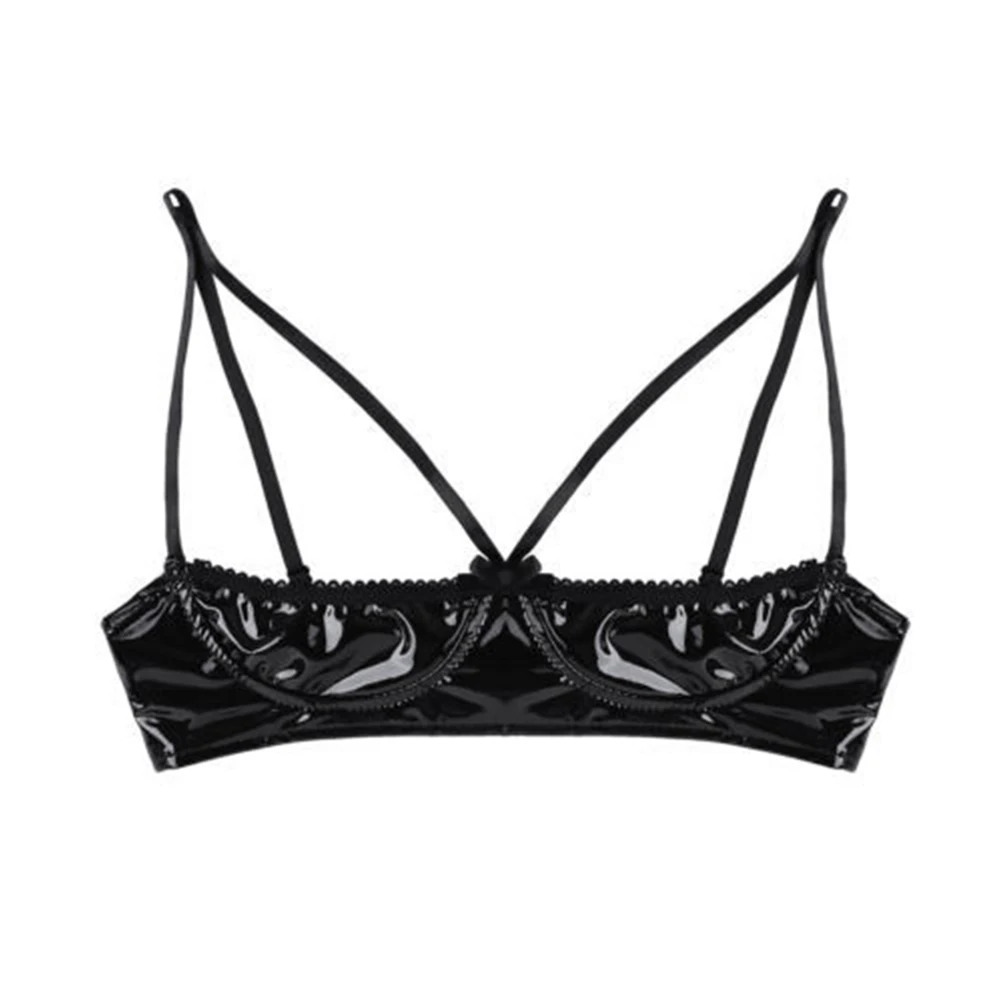 ​Women Open Cup Bralette  Wet Look PU Bra Wire-Free Bustier Clubwear Lingerie Sleeveless Corset Top Night Club Erotic Wear