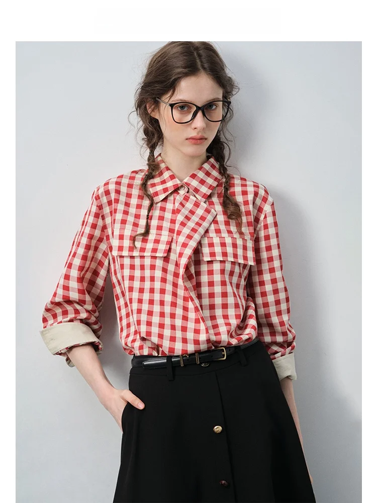 

Vega Chang Women's Long Sve irt Spring 2026 New Sle Vintage Plaid Collar Button up Regular Fit Commute Friendly