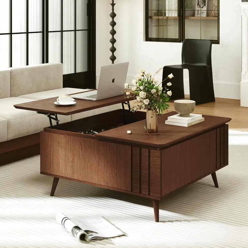 Mid-Century Modern Square Coffee Table with Lift-Top Storage and Hidden Compartment