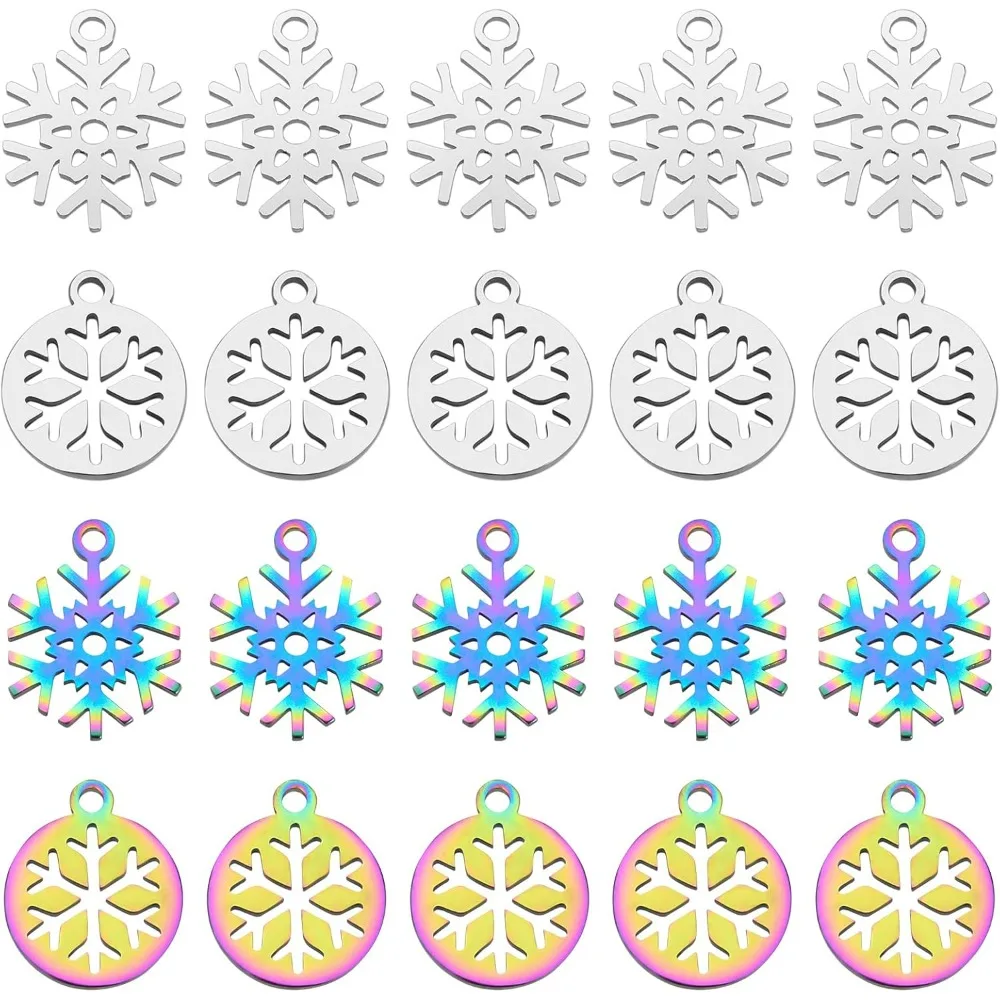 24pcs 2 Styles 2 Colors Stainless Steel Flat Round with Snowflake Pendants Christmas Snow Charms Xmas Holiday Pendants