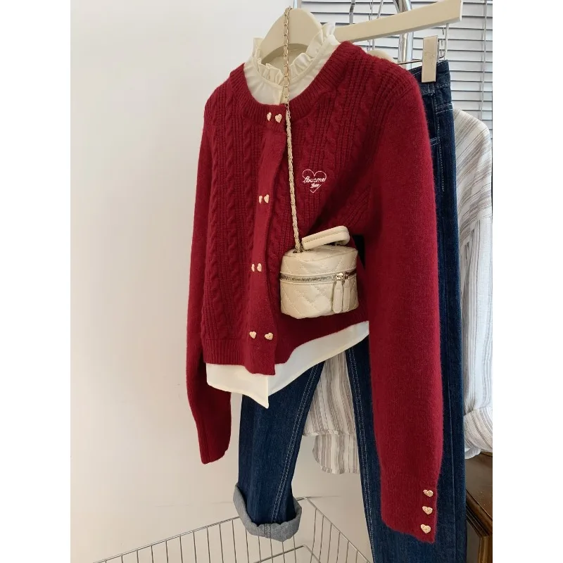 

Поддельный вязаный кардиган из двух частей, женский осенне-зимний новый короткий топ с воротником-стойкой