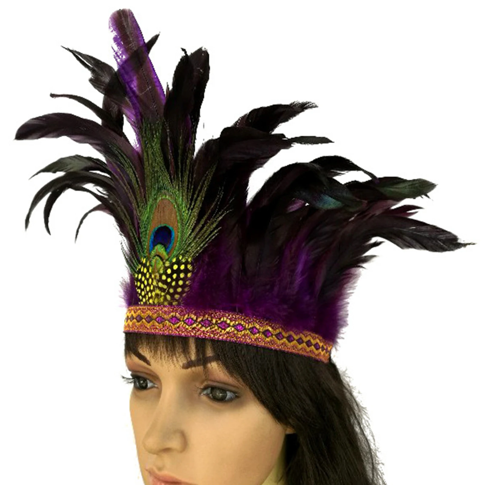 Costume da pavone con corona di piume copricapo decorativo Fascinator con fascia indiana per spettacolo di danza carnevale Halloween