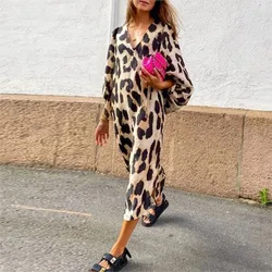 Women's Dress Suit V-neck Loose Lantern Sleeves Leopard Print Dress Casual Women's Long Dressfashion Summer Dresses 2024