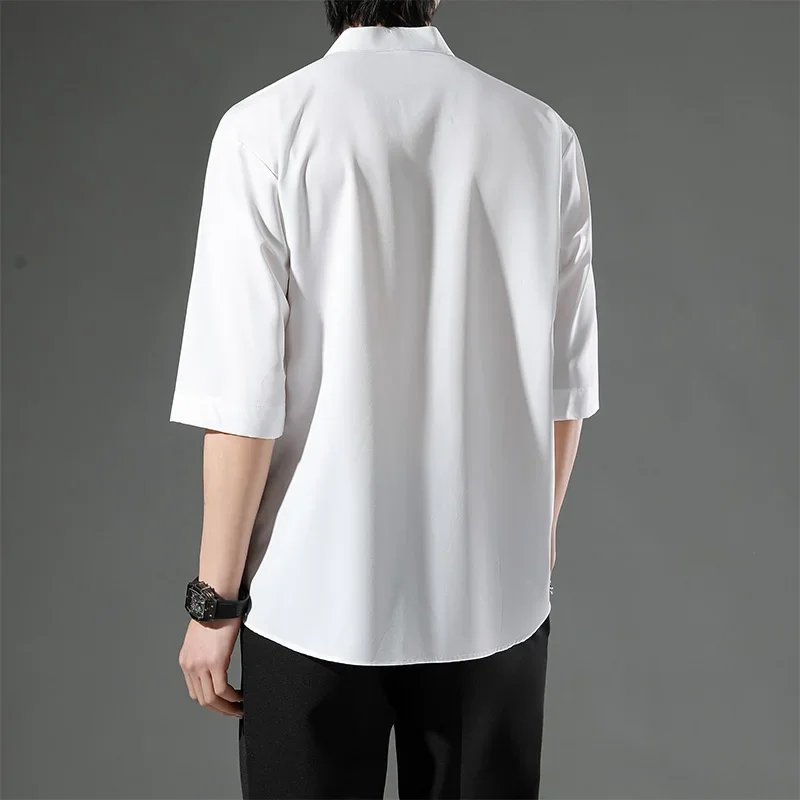 Summer Thin Short-sleeved Shirts Men Japanese Style Loose Stretch Business Casual Shirts Male No-iron Stand Collar Formal Tops
