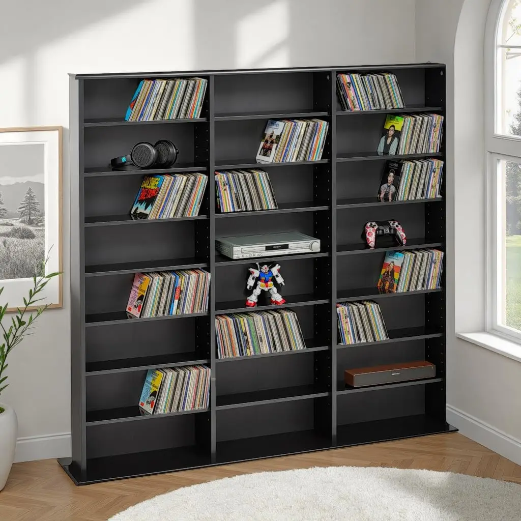 خزانة تخزين الوسائط الطويلة ذات 3 أعمدة، خزانة تخزين سوداء، خزانة عرض، منظم تخزين الوسائط المتعددة للأقراص المضغوطة والأقراص المضغوطة والأقراص المغلقة