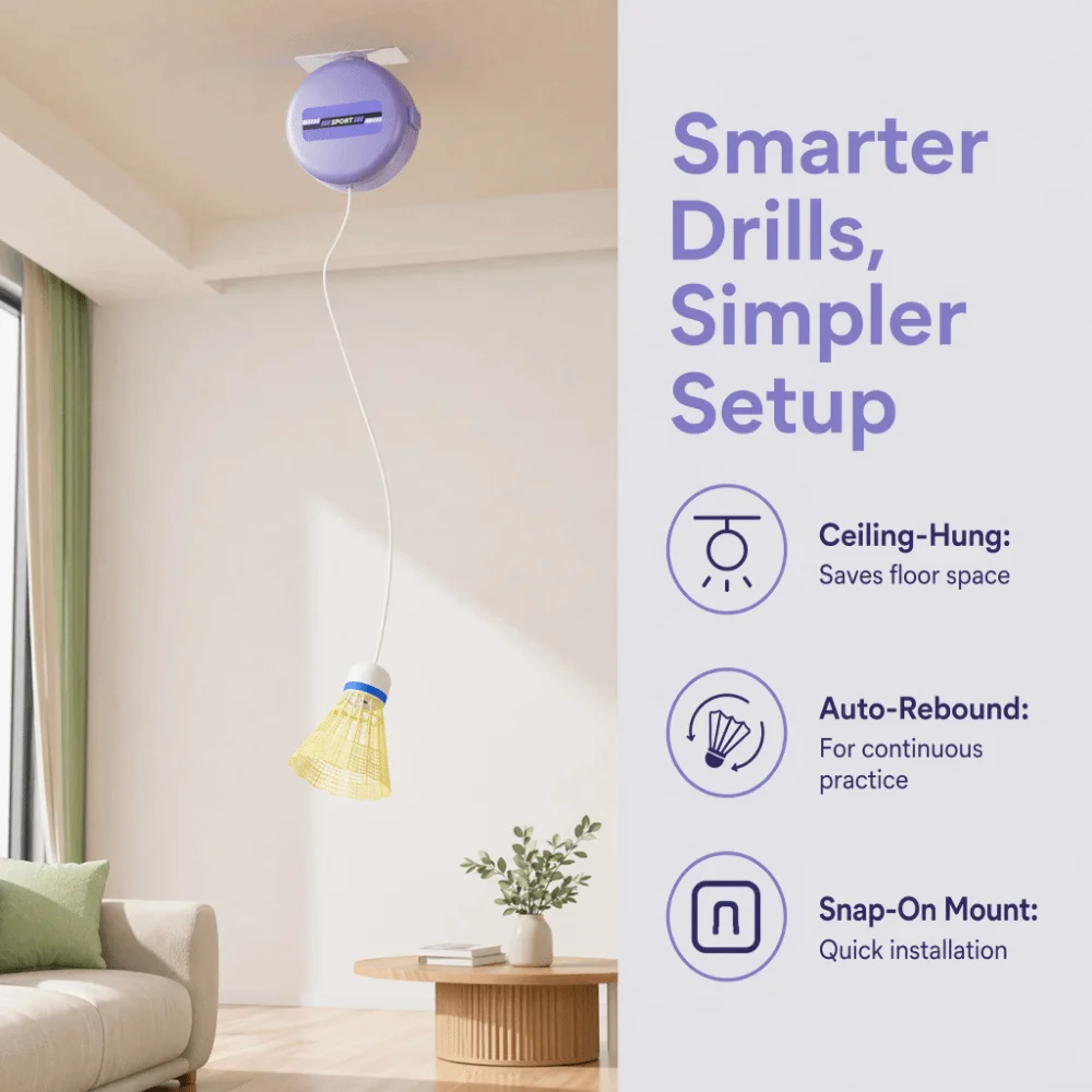 8pcs Ceiling Mounted Badminton Trainer Snap Button Height Adjustable Badminton Rebound Trainer Elastic Cord ABS