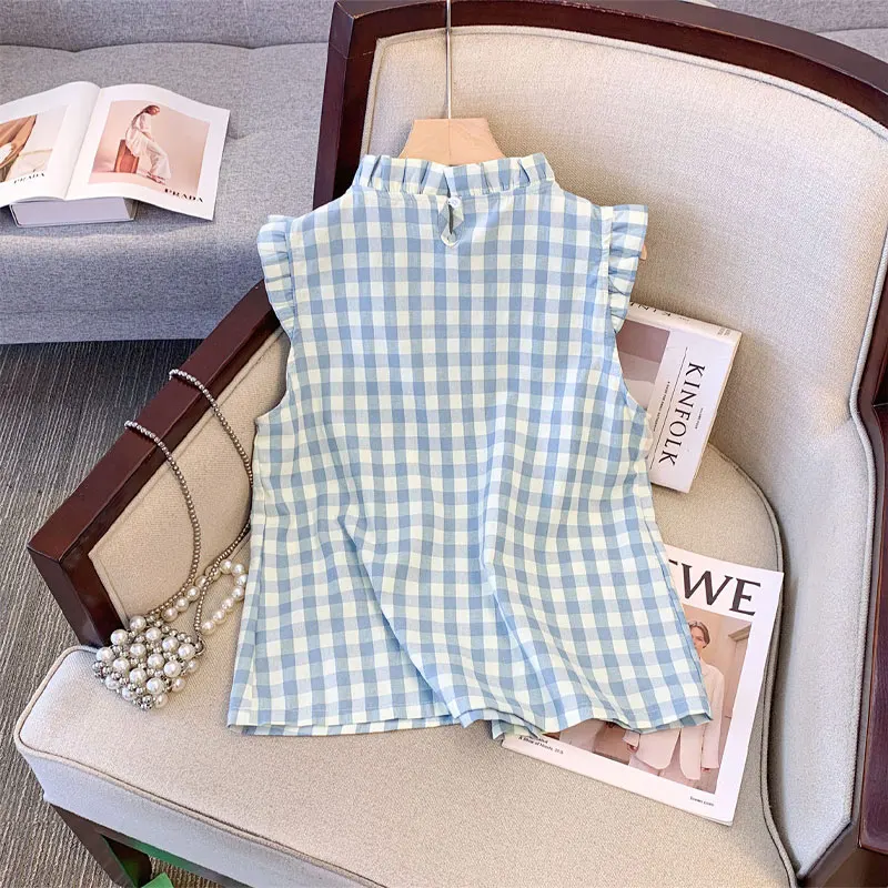 Stylish Korean Flying Sleeve Blouse Female Clothing Blue Plaid Summer Basic Folds Hotsweet Sleeveless Edible Tree Fungus Shirt