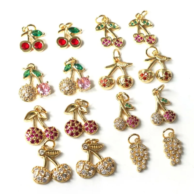 10pcs /Fruit Copper Set Zircon Encrusted Gold Colorgrape Cherry Pendant Diy Handmade Jewelry Earrings Bracelet Charms