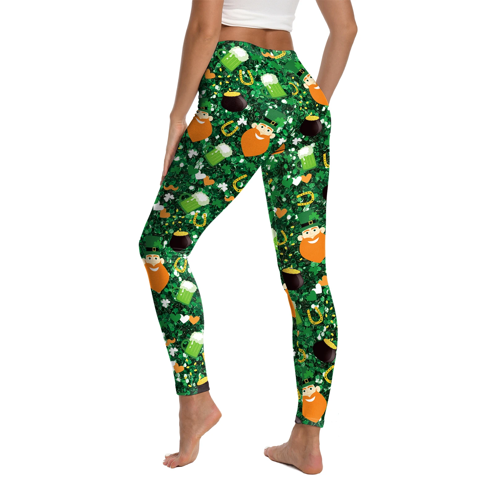 Zawaland Irish Festival Green Leggings Lucky Clover 3D Printed Trousers Women Saint Patrick's Day Party Skinny Yoga Pants