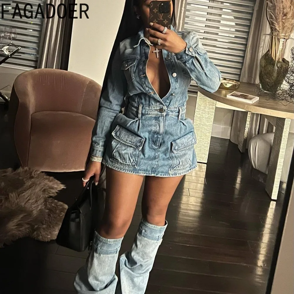 Fagadoer Mode Knoop Lange Mouw Denim Mini Jurk Vrouwen Turndown Kraag Zak Met Been Cover Kleding Vrouwelijke Cowboy Vestidos