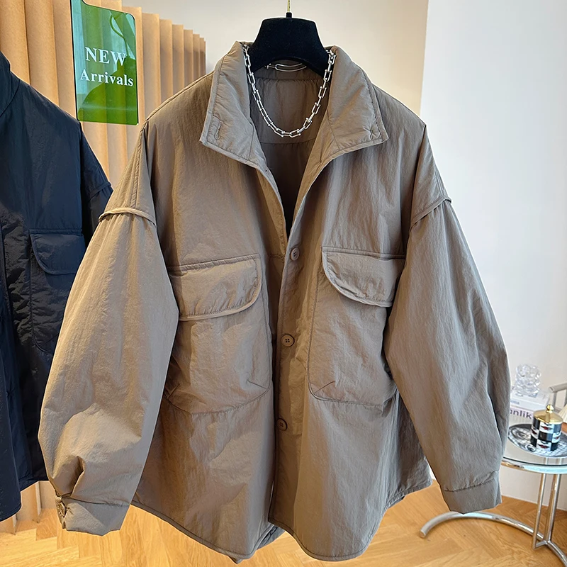 Leve feminino algodão acolchoado casaco outono inverno lapela cor sólida solta casual carga jaqueta grandes bolsos design casacos quentes