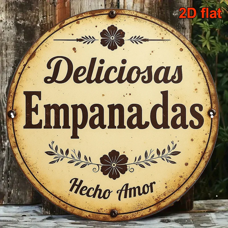 Letrero Vintage de Empanadas con la Leyenda "Deliciosos Pasteles", Placa Redonda de Aluminio de 8 Pulgadas para Decoración de Restaurantes y Panaderías Españolas