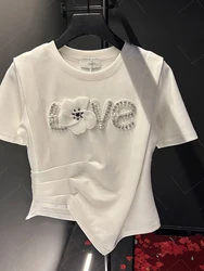 French Style Beaded Flower T-Shirt Women's Summer New Irregular Pleated Slim-Fit Fashion Commuter Short-Sleeved Top