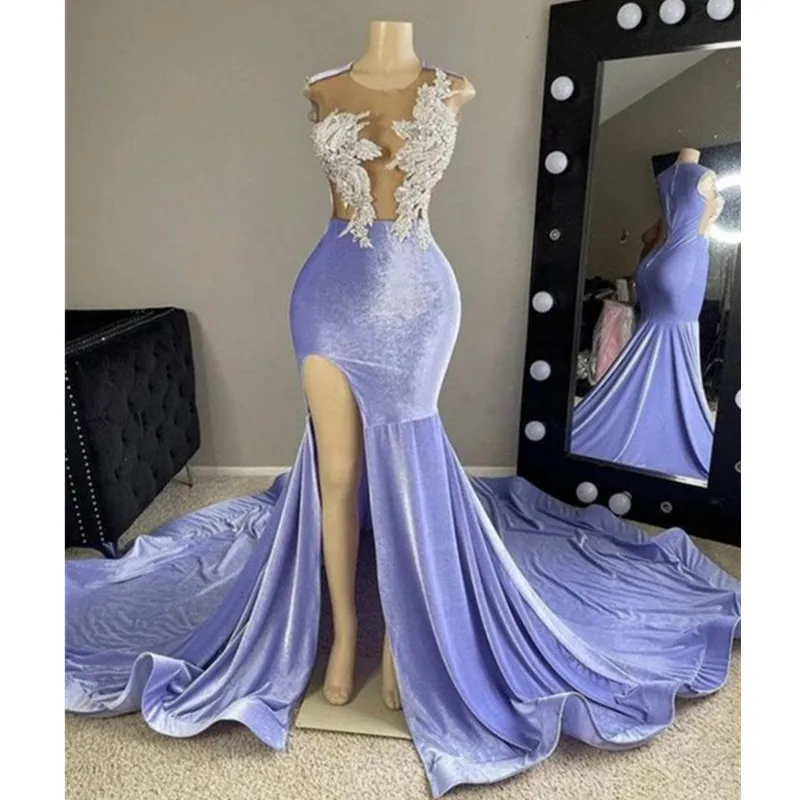 

Arabic Aso Ebi Light Sky Blue Luxury Arabic Dubai Sleeves Mermaid Prom Dresses 2024 3D Flower Lace Evening Dress Church Trai