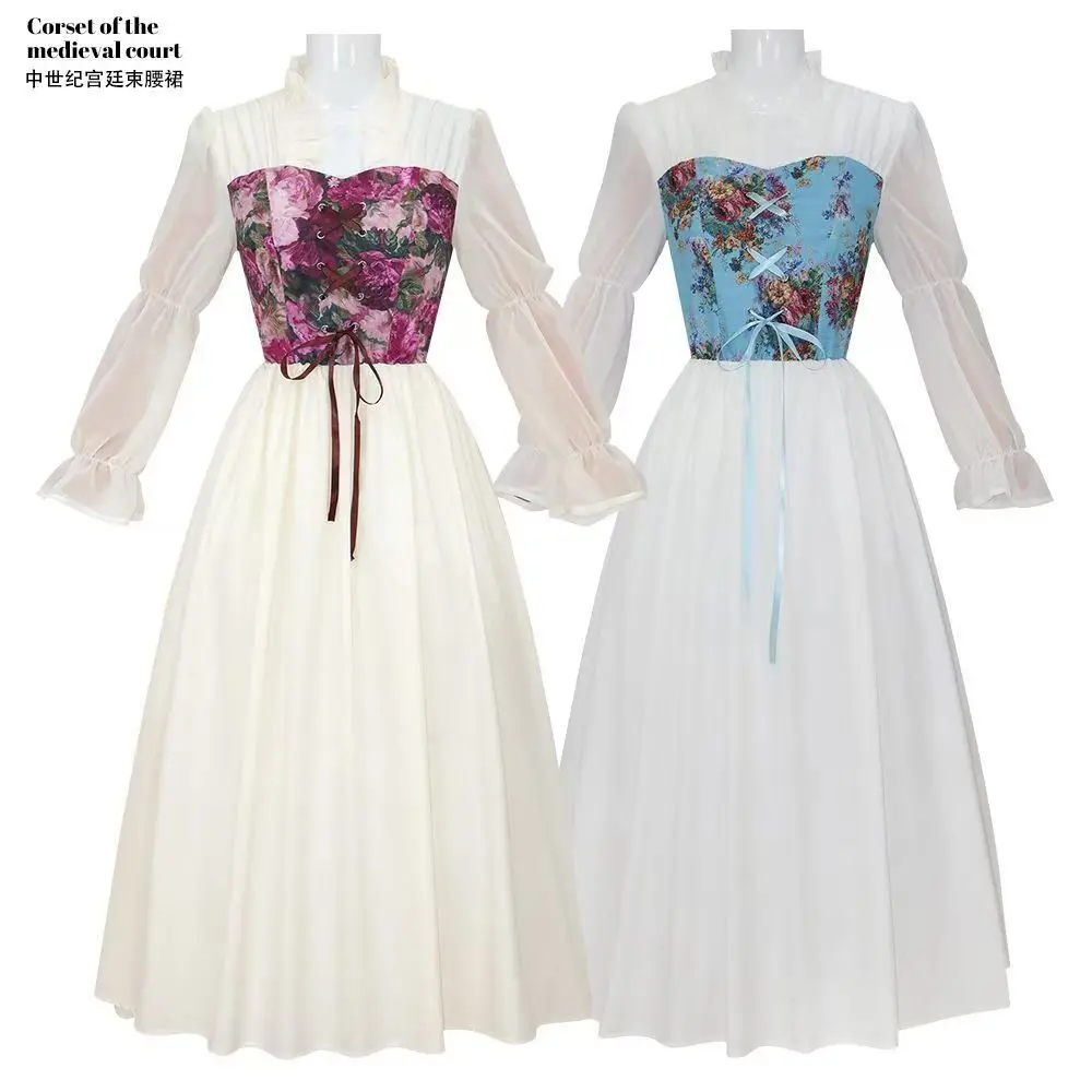 중세 레트로 르네상스 스타일 코스프레 궁정 드레스 빅토리아 & 해적 프린트 코르셋 요정 스커트