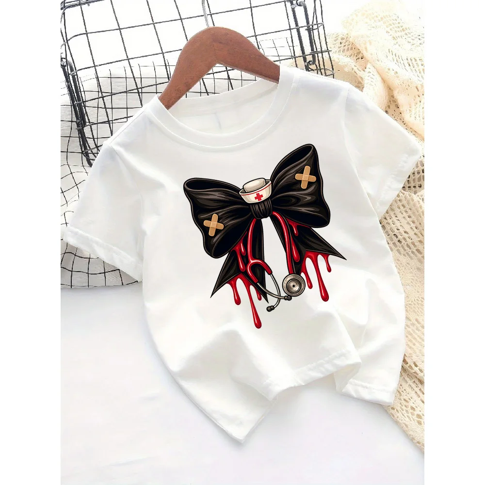 New Round Neck T-shirt for Childrencomfortable Soft Skin Friendly Fashionable Casual Simple Versatile Bow Print Top