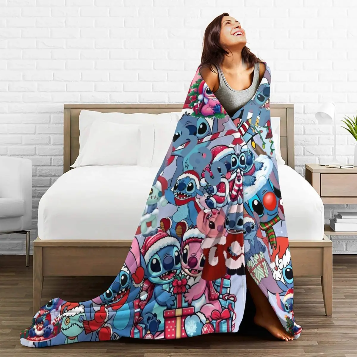 Stitch Christmas Blanket Camping Flannel Throw Blanket For Couch Chair Sofa Bed Super Warm Bedspread Birthday Present