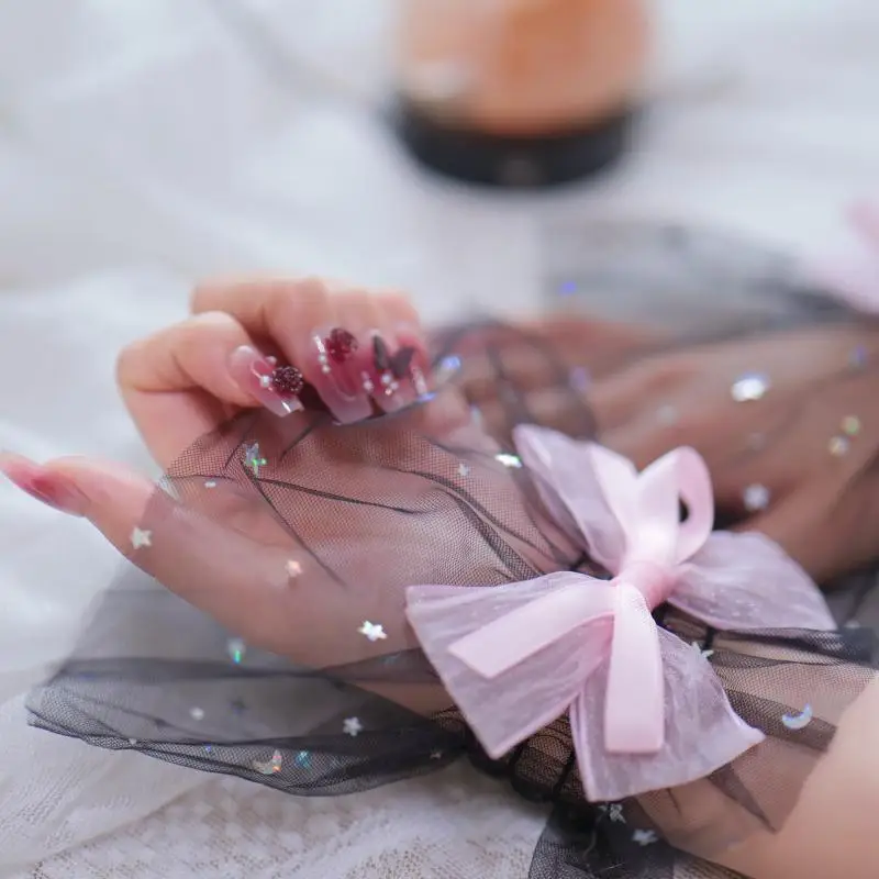 1쌍 네일아트 튤 사진 보우 글러브 가짜 주름 커프 매니큐어 사진 소품 네일 팁 디스플레이 슬리브 코스 액세서리