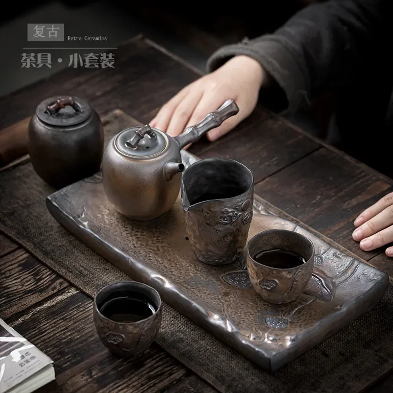 Vintage Ceramic Kung Fu Tea Set 2 Person Teapot Cup Tray Household Living Room Small Antique Style Complete Drinking Ware Kit