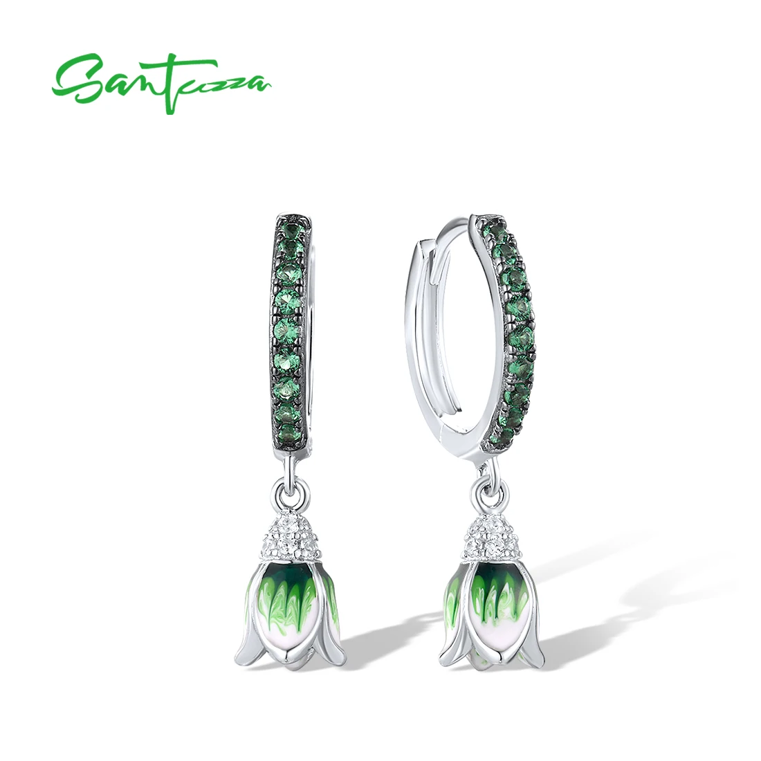 

SANTUZZA Real 925 Sterling Silver Drop Earrings For Women Exquisite Green Spinel Tulip Flower Enamel Delicate Gifts Fine Jewelry