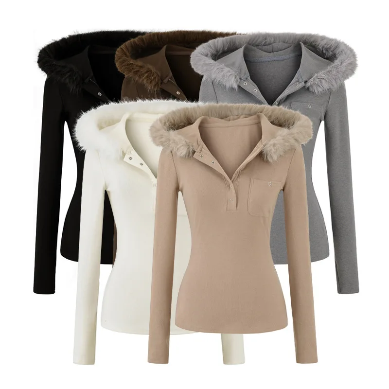 

American-style sexy hooded T-shirt new autumn and winter model with furry collar buttoned half-front closure waist-cinching JJUC