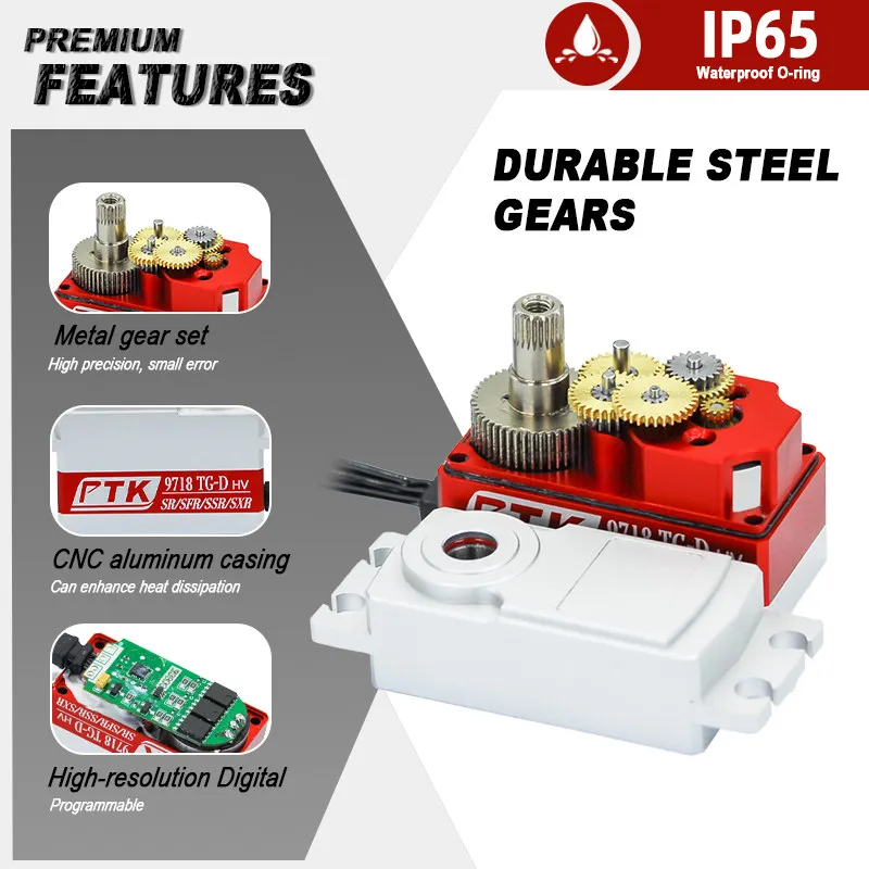 PTK9718TG-D is a brushless metal short-stroke digital servo that is compatible with Futuba SR, SHR, SFR, and SSR.
