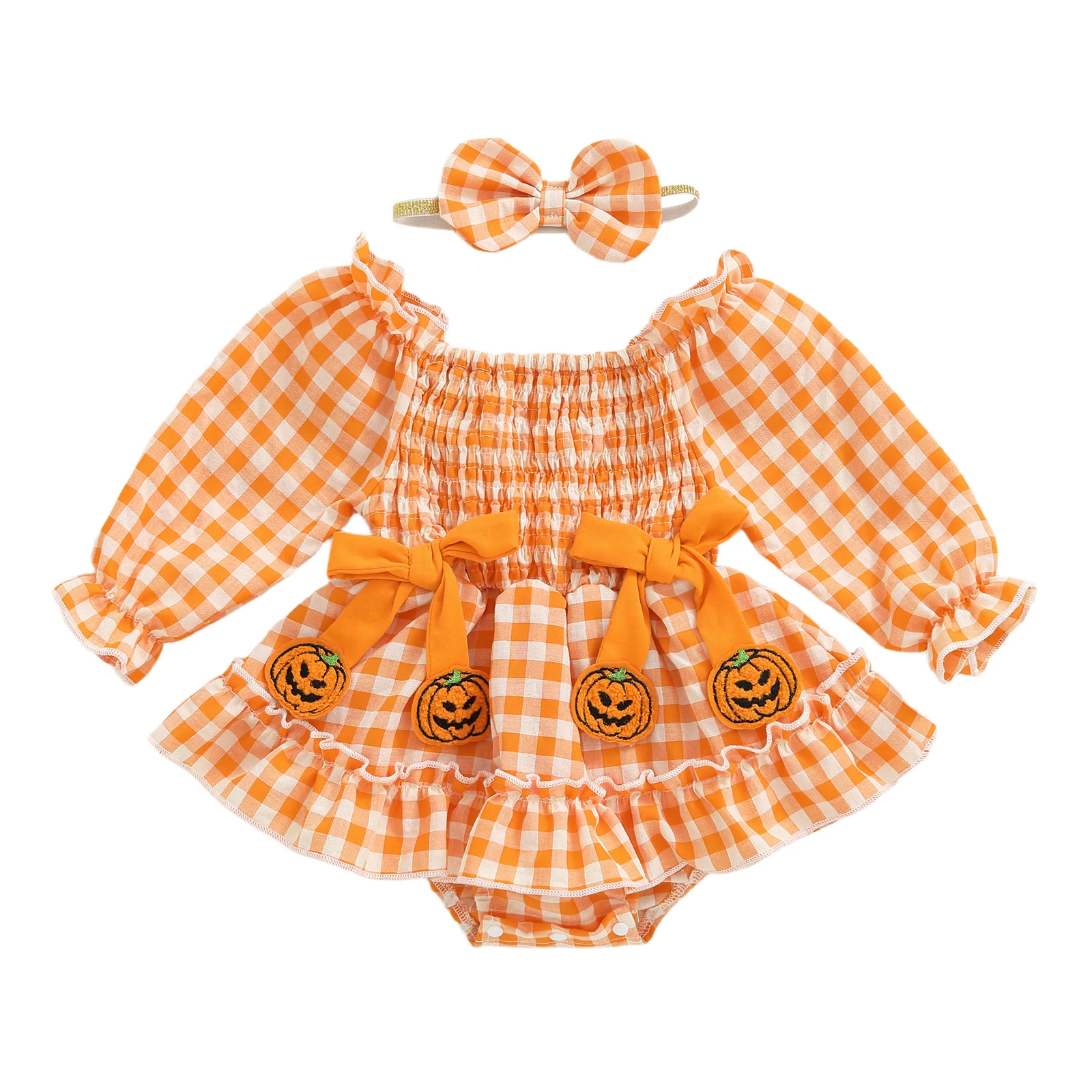Halloween-Stramplerkleid für Babys und Mädchen mit Schleife und Stirnband, langärmelig, karierter Druck, elastischer Ausschnitt – Detail 4