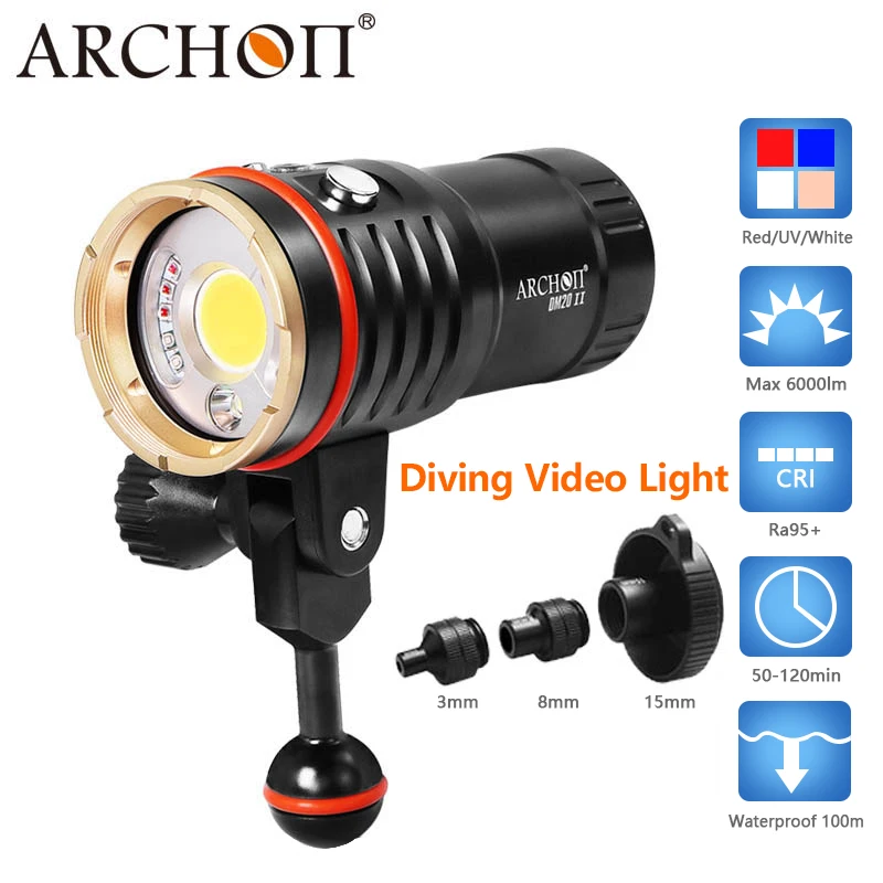 

ARCHON 6000lm 2 in 1 diving light Waterproof 100 m Diving photography fill light white red uv color led diving photo video light