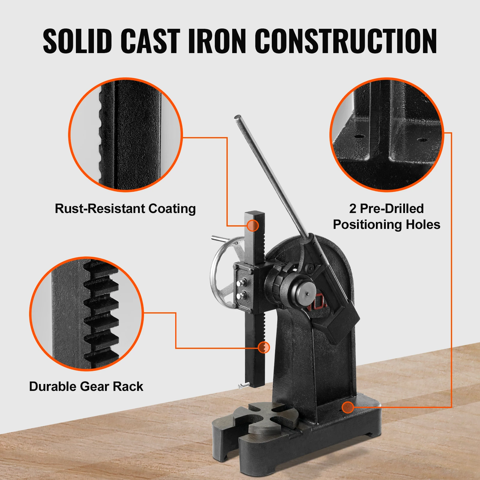 VEVOR Arbor Press 3 T Ratchet Type Arbor Press Ratchet Leverage Arbor Press with Handwheel Cast Iron Manual Desktop Punch Press