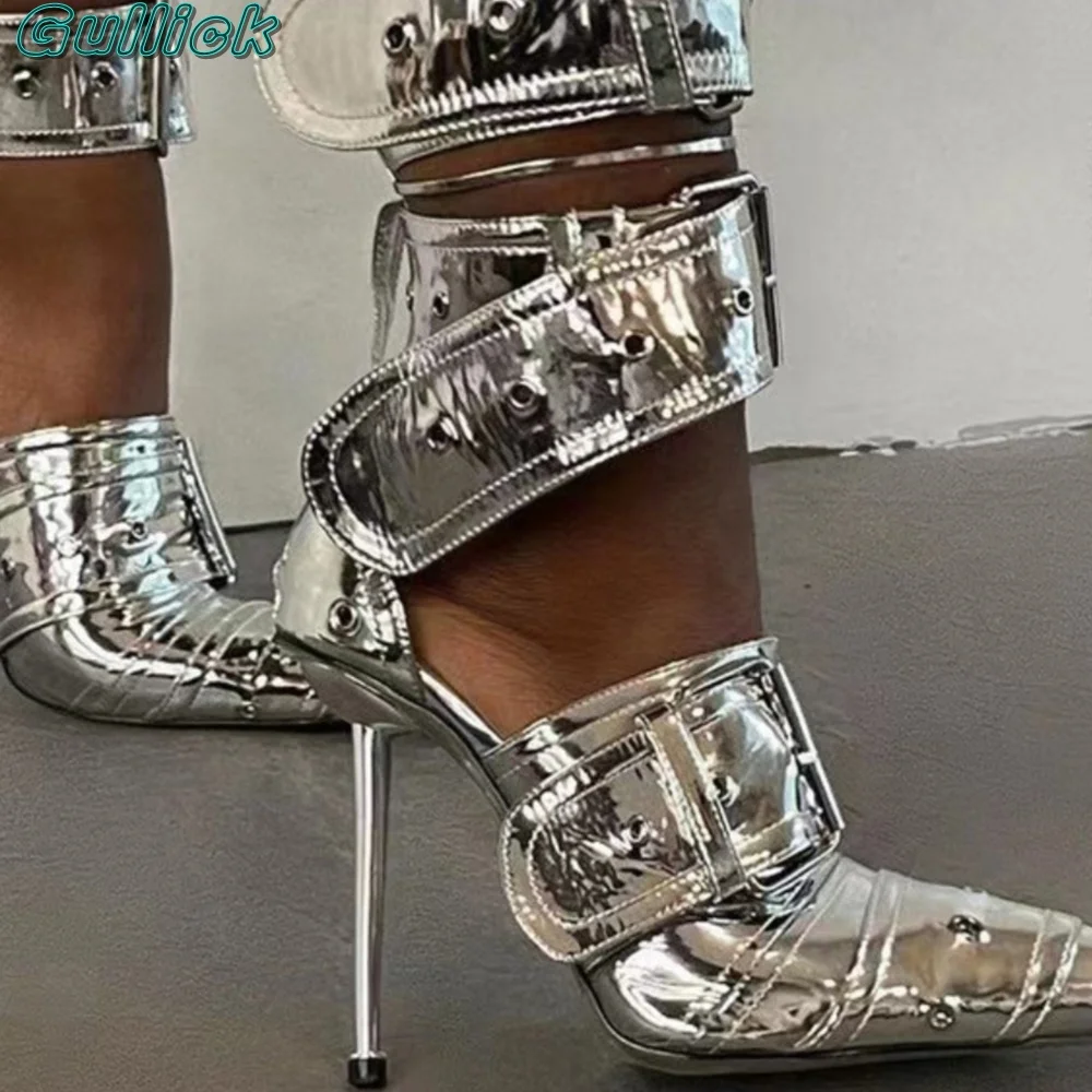 

Gullick Solid Silver Mirrored Sandals Pointed Toe Mental Rivet Stiletto High Heels Sexy Buckle Strap Summer Punk Shoes