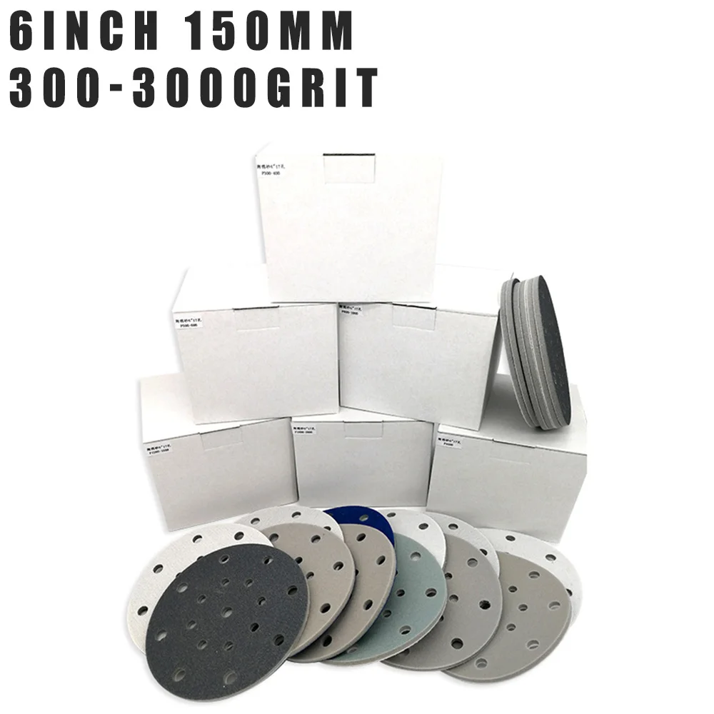 6 "Inci 17 Lubang Berkelompok Spons Pengamplasan Disk Amplas Basah dan Kering Kait Loop 300-3000 Grit untuk Memoles & Menggiling 150MM