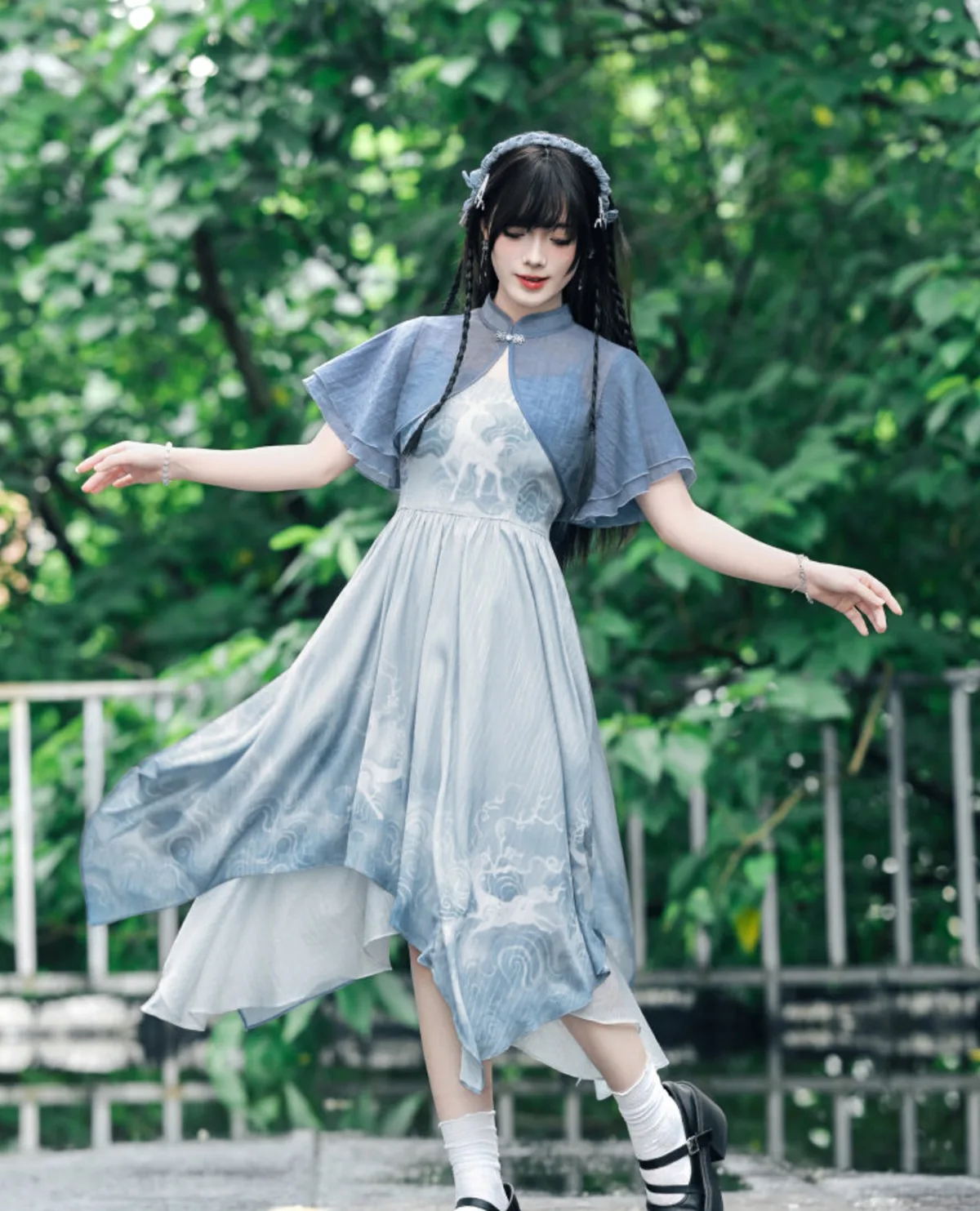 New Chinese Style Cool And Aloof Vibe Stamp Straps Chiffon Dress Woman Waistcoat Short Cardigan Fiesta Carnival Halloween Daily