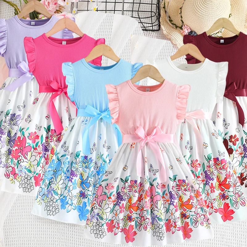 

2024 Summer Cute Dresses Girls Casual Dresses Floral Butterfly Prints Dresses Bohemia Daily Clothing for 3-10 Years Children