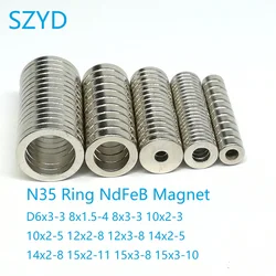 10PCS/LOT N35 Ring NdFeB Magnet 6*3 8*1.5 12*2 14*2 15*2 Strong Standard Round Rare Earth Permanent Neodymium With Hole 3-11