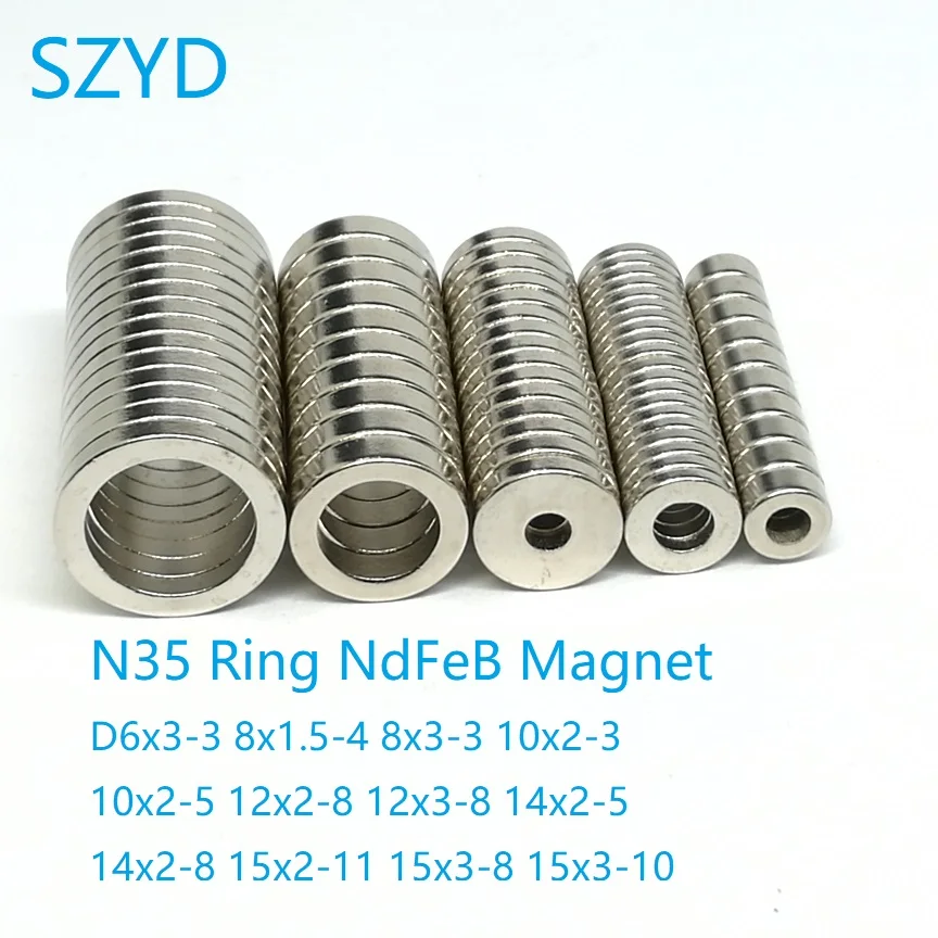 10PCS/LOT N35 Ring NdFeB Magnet 6*3 8*1.5 12*2 14*2 15*2 Strong Standard Round Rare Earth Permanent Neodymium With Hole 3-11