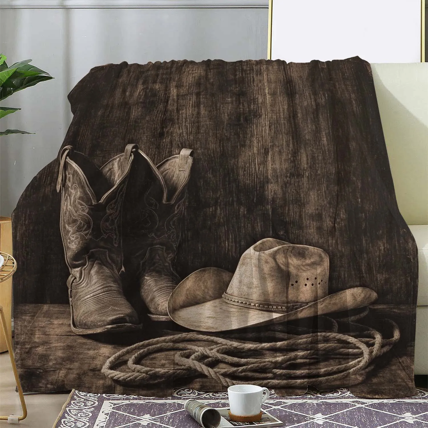 Retro western cowboy boots and hats printed flannel blanket comfortable for beds, sofas cars camping and travel all year round