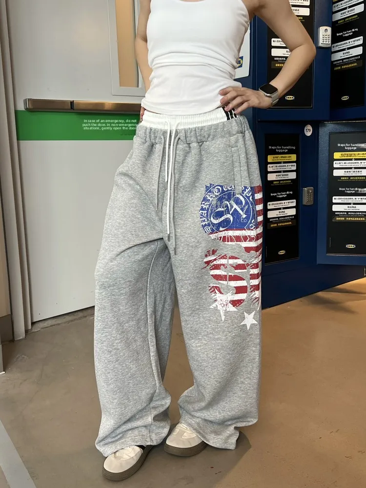 

American Sle Loose Wide Leg Casual Pants Men Women Lazy Match All Star Strip Print Drapey Sweatpants Loose Fit Casual Trousers